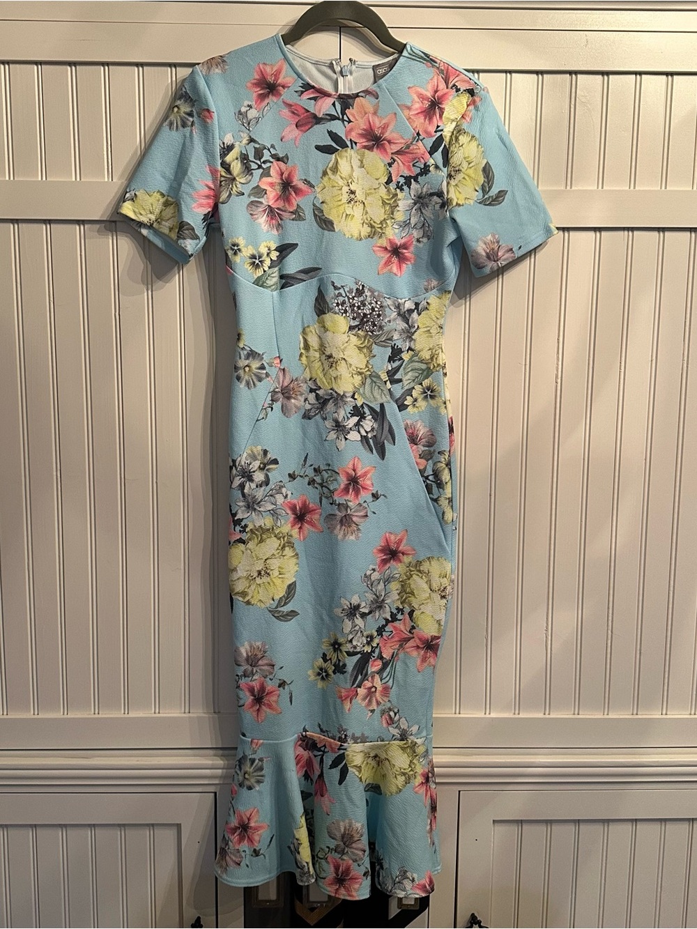 ASOS T-Shirt LightBlue Floral Maxi Dress w/PinkYellowFlowers Peplum Fishtail Hem